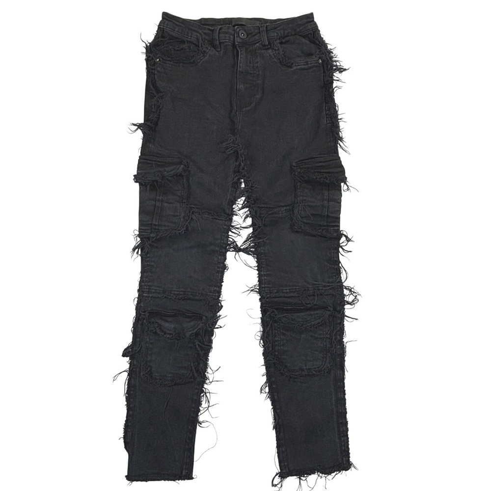 KDNK Mens Distressed Cargo Jeans Black Frayed Slim Fit Stretch Denim 30 1141411